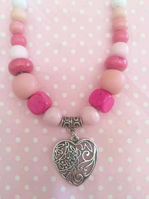 Cheri Necklace,  Pink And White Wooden Beads With Nickel Heart Pendant On Wax Cord, 1pc