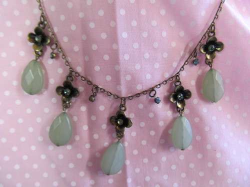 Evelia Necklace, Soft Green Teardrop With Bronze Findings And Bronze Chain, 41cm With 8cm Ext, 1pc