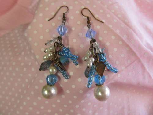 Mistique Earrings, Assorted Beads, White And Turquoise, Copper, 75mm, 2pc