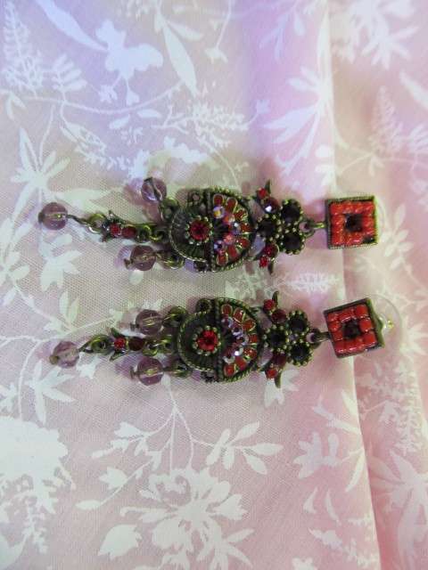 Mistique Earrings, Red Rhinestones And Beads, Bronze, 60mm, 2pc