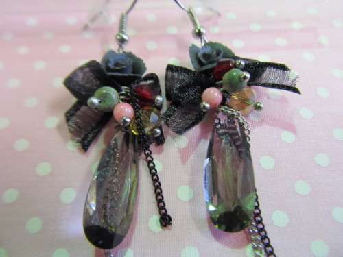 Mistique Earrings, Teardrop With Bow Detail, Black, Nickel, 55mm, 2pc