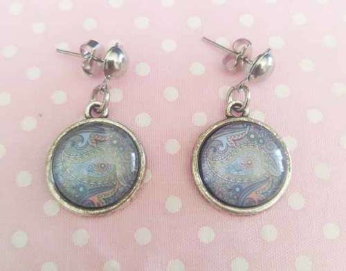 Mistique Earrings, Blue Cobachon, Round, Stud, Nickel, 30mm, 2pc