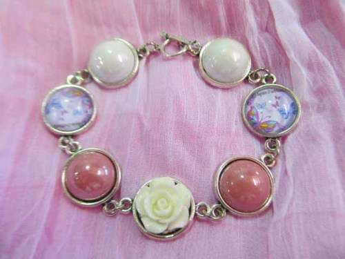 Mistique Bracelet, White, Pink And Purple Cobachon And Off White Rose, Nickel, 19cm, 1pc