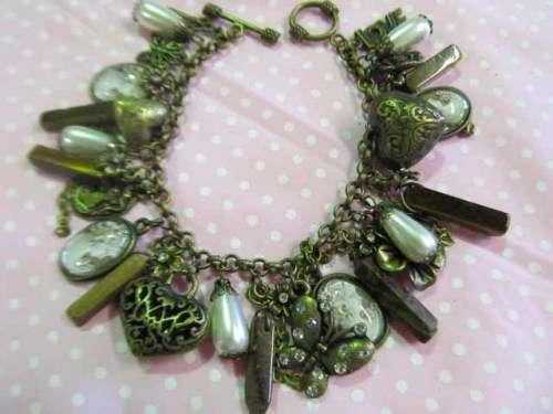 Mistique Bracelet, Charm Bracelet, Bronze With Tiger Eye And Faux Glass Pearls, Toggle Clasp, 20cm