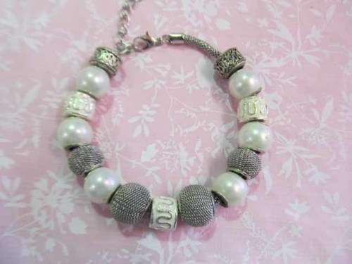 Perrine Bracelet, White Faux Pearls And Nickel Beads, 20cm With 6cm Extender, 1pc