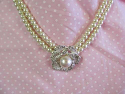 Perrine Necklace, Cream Faux Pearl With Clear Rhinestones, 2 Strands, 43cm, 1pc