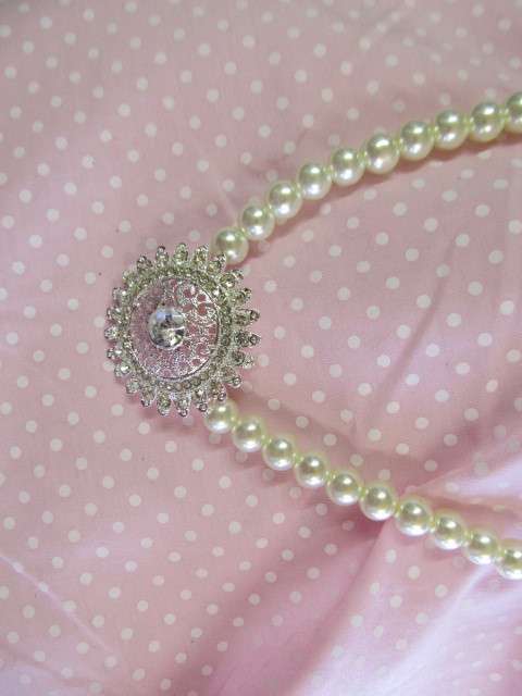 Perrine Necklace, Cream Faux Pearl With Clear Rhinestones, 46cm, 1pc
