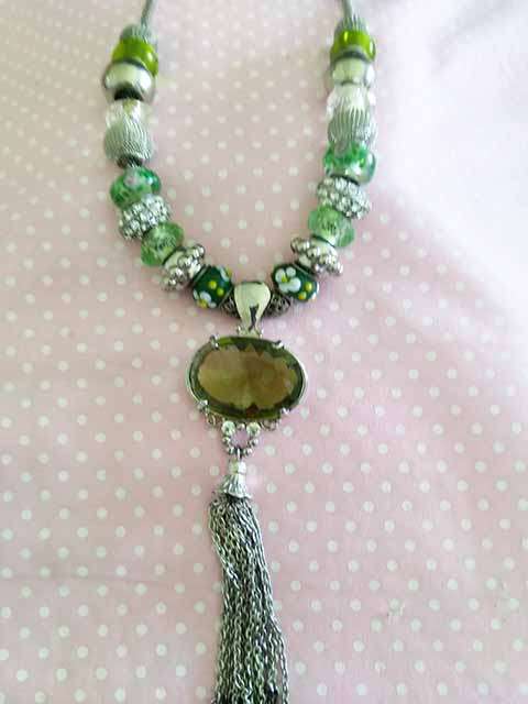 Riza Necklace, Nickel Snake Chain And Findings, Green Rhinestone Pendant With Gre, 44cm With 6cm Ext
