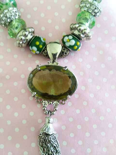 Riza Necklace, Nickel Snake Chain And Findings, Green Rhinestone Pendant With Gre, 44cm With 6cm Ext