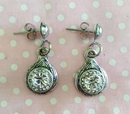 Riza Earrings, Antique Nickel With Clear Rhinestones, 30mm, 2pc