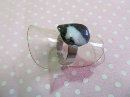 Simone Ring, Adjustable, Black And White Stone, Nickel, Top Size 16mm x 12mm, 1pc