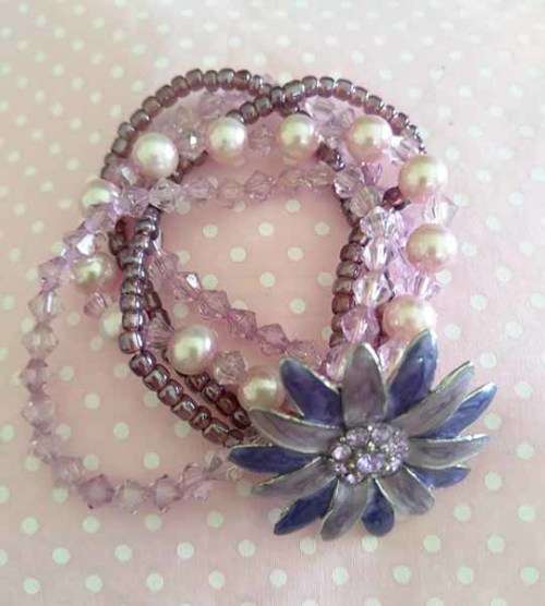 Mistique Bracelet, Multi Strand Bracelet with Seedbeads, Bicones and Faux Pearls, Flower Centre