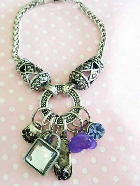 Mistique Bracelet, Purple Charms With Nickel Snake Chain, Lobster Clasp, 19cm With 7cm Ext Chain