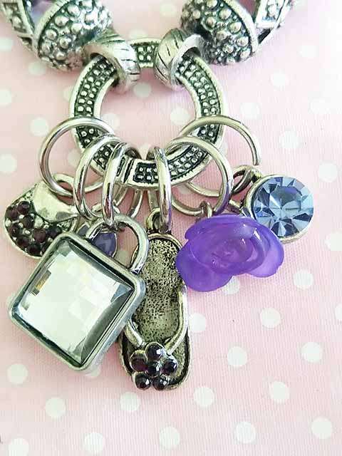 Mistique Bracelet, Purple Charms With Nickel Snake Chain, Lobster Clasp, 19cm With 7cm Ext Chain
