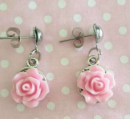 Mistique Earrings, Nickel Studs With Pink Roses, 28mm, 2pc