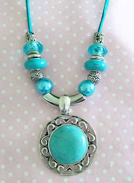 Mistique Necklace,  Turquoise Pendant On Turquoise Velvet Cord With Pandora Style Beads, Toggl, 52cm