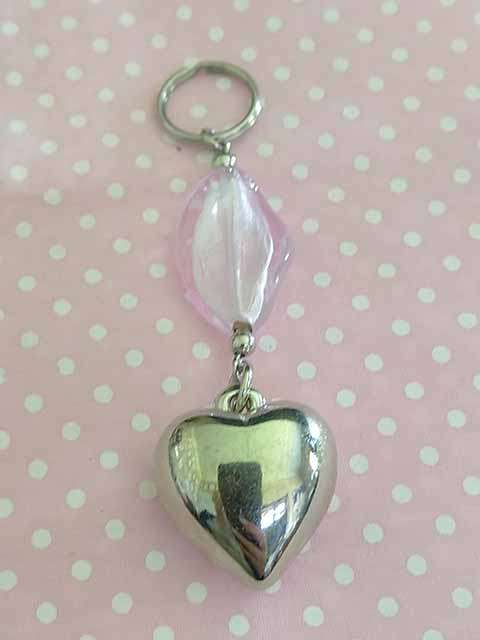 Keyring, Pink Foil Bead With Nickel Heart, 9cm, 1pc