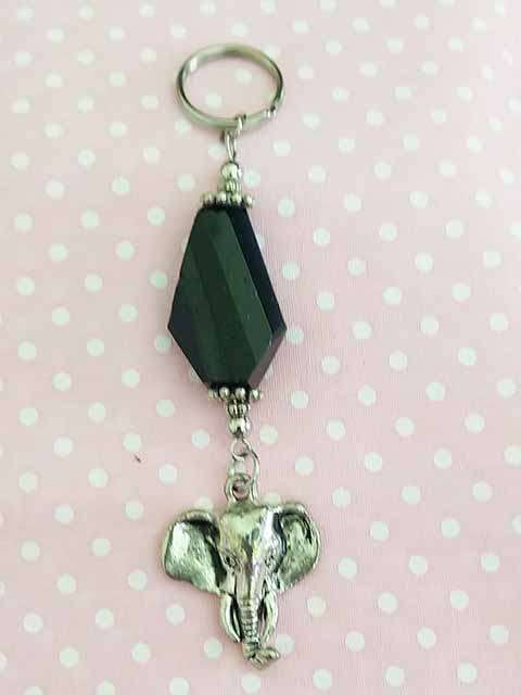 Keyring, Black Bead With Nickel Elephant, 10cm, 1pc