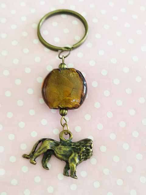 Keyring, Brown Foil Bead With Bronze Lion, 8cm, 1pc