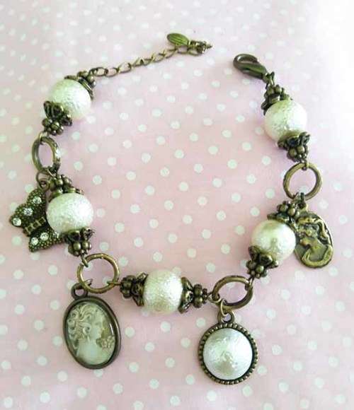 Perrine Bracelet, Beige Glass Pearls With Bronze Charms And Findings, Toggle Clasp, 20cm + 5cm Ext