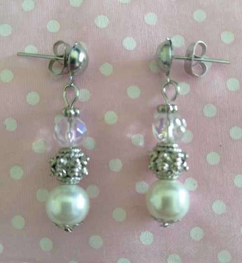Perrine Earrings, White Glass Pearls And Clear Crystal Bead With Nickel Findings, 34mm, 2pc