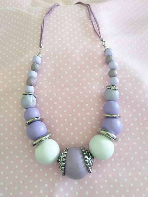 Burtell Necklace, Purple And White Wooden Beads With Nickel Findings, Velvet Leather Cord, 56cm, 1pc
