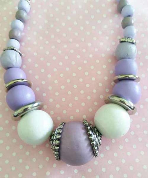 Burtell Necklace, Purple And White Wooden Beads With Nickel Findings, Velvet Leather Cord, 56cm, 1pc