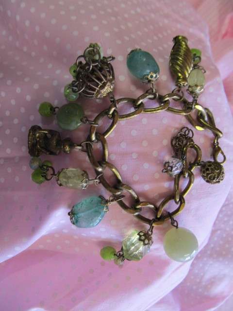 Pliana Bracelet, Green Beads, Antique Gold Colour, Lobster Clasp, 17cm With 3cm Ext, 1pc