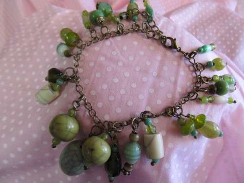 Pliana Bracelet, Green Beads, Antique Gold Colour, Lobster Clasp, 17cm With 5cm Ext, 1pc
