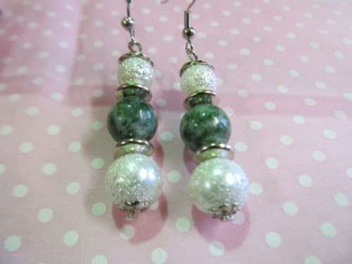 Simone Earrings, Moss Agate And White Glass Pearls, Nickel, 55mm Long, 2pc