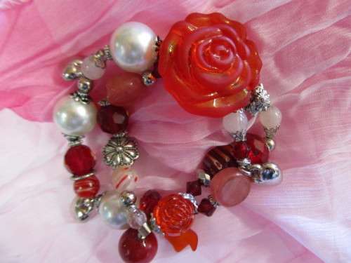 Simone Bracelet, Cherry Quartz With Assorted Beads On Elastic, 2 Strand, Nickel, 55mm Dia, 1pc