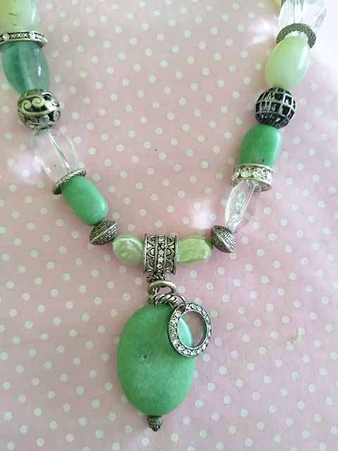 Simone Necklace, Assorted Green Semi-Precious Beads, Clear Quartz And Green....., Toggle Clasp, 42cm