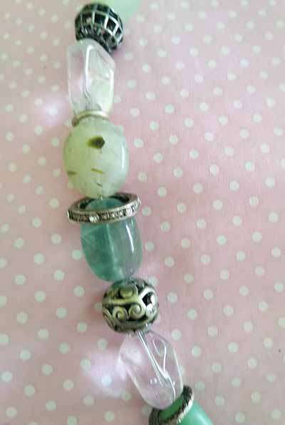 Simone Necklace, Assorted Green Semi-Precious Beads, Clear Quartz And Green....., Toggle Clasp, 42cm