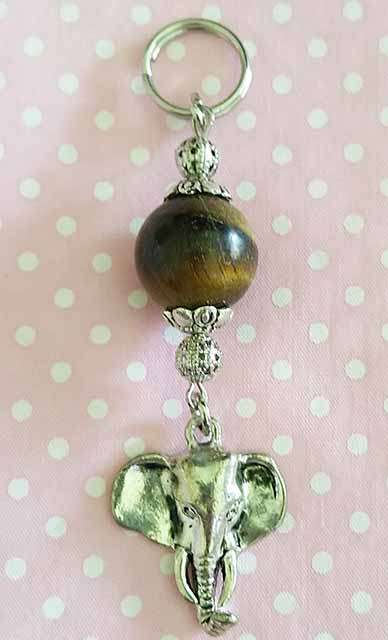 Simone Keyring, Tiger Eye Bead And Elephant Charm, Nickel, 85mm, 1pc