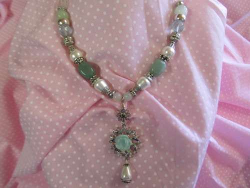 Simone Necklace, Green Semi-Precious Beads And Clear Quartz, Nickel, 44cm With 3cm Ext, 1pc