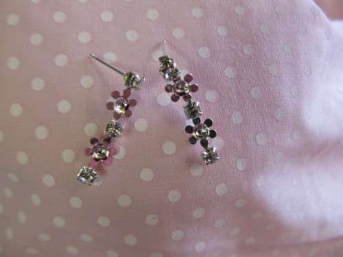 Riza Earrings, Flower Design, Clear Rhinestones, Nickel, ±25mm Long, 2pc