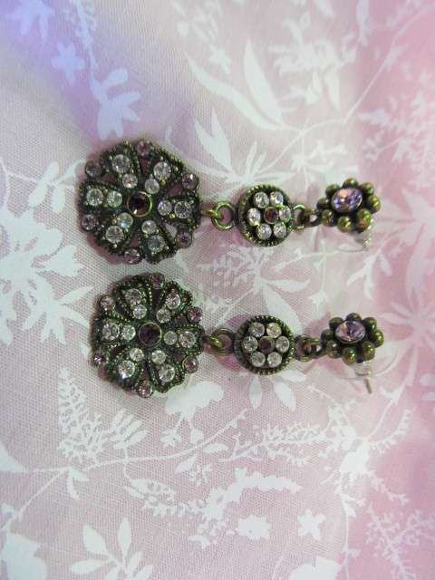 Riza Earrings, Clear And Pink Rhinestones, Bronze, ±45mm Long, 2pc