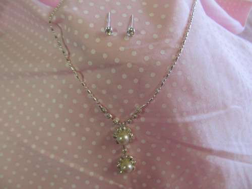 Riza Necklace, Clear Rhinestones With Beige Faux Pearls With Clear Rhinestone Earrings, Nickel, 47cm