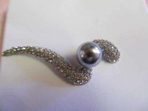 Riza Other, Brooch, Grey Faux Pearl With Clear Rhinestones, Silver, 72mm, 1pc