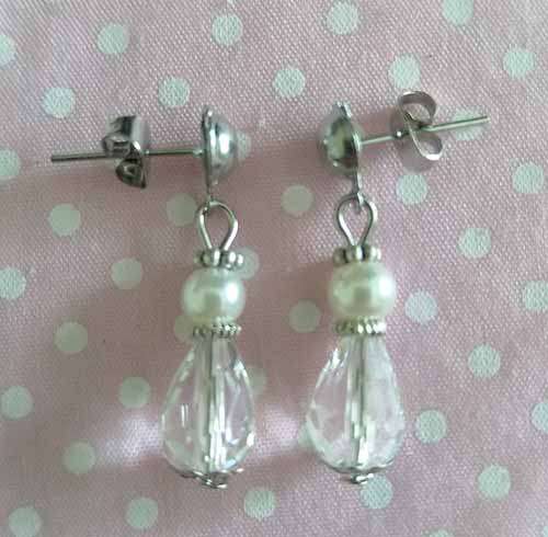 Perrine Earrings, White Glass Pearl With Clear Crystal.... With Nickel Findings And Studs, 30mm, 2pc