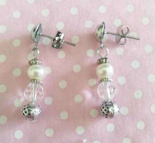 Perrine Earrings, White Glass Pearl With Clear Crystal Beads With Nickel Findings, 30mm, 2pc