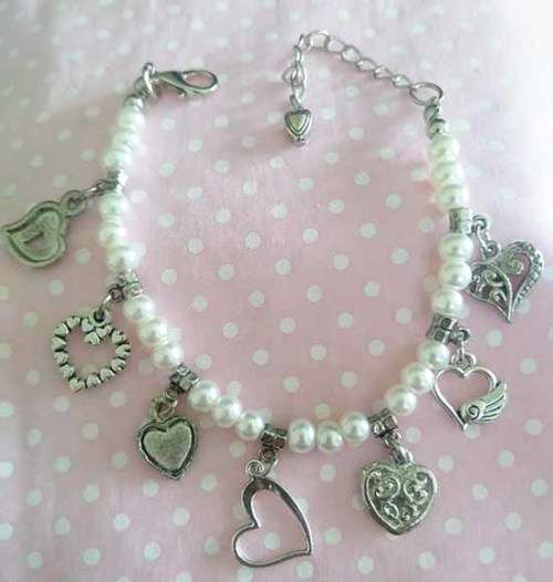 Perrine Bracelets, White Glass Pearls With Nickel Heart Charms, Lobster Clasp, 18cm With 5cm Ext