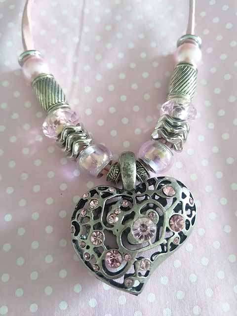 Riza Necklace, Heart Pendant With Pink Rhinestones And Pandora Style Bea, Nickel, Toggle Clasp, 46cm