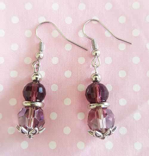Cristia Earrings, Purple Crystal Beads With Nickel Findings, Shepherds Hook, 42mm, 1 Pair
