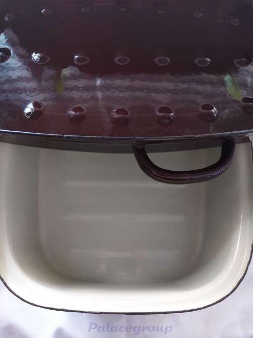 Vintage Large Enamel Roasting Pan With Lid, Large, Cream and Dark Brown Lid, 35cm x 24cm x15cm