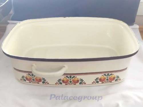 Vintage Large Enamel Roasting Pan With Lid, Large, Cream and Dark Brown Lid, 35cm x 24cm x15cm