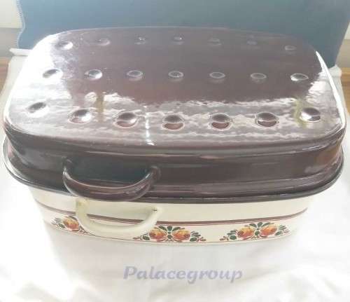 Vintage Large Enamel Roasting Pan With Lid, Large, Cream and Dark Brown Lid, 35cm x 24cm x15cm
