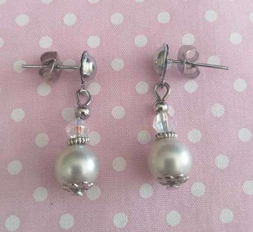 Perrine Earrings, Light Dove Grey Shell Pearl With Clear Crystal Bead, Nickel Findings, 26mm, 2pc