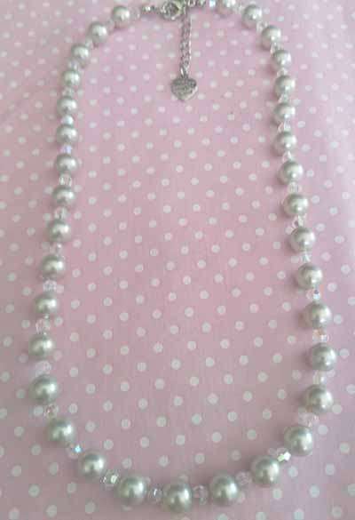 Perrine Necklace, Light Dove Grey Shell Pearls With Clear Crystal Beads, Nickel Findings, 42cm + 5cm