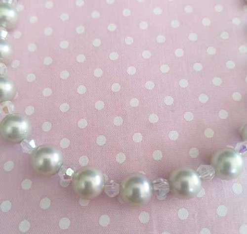 Perrine Necklace, Light Dove Grey Shell Pearls With Clear Crystal Beads, Nickel Findings, 42cm + 5cm